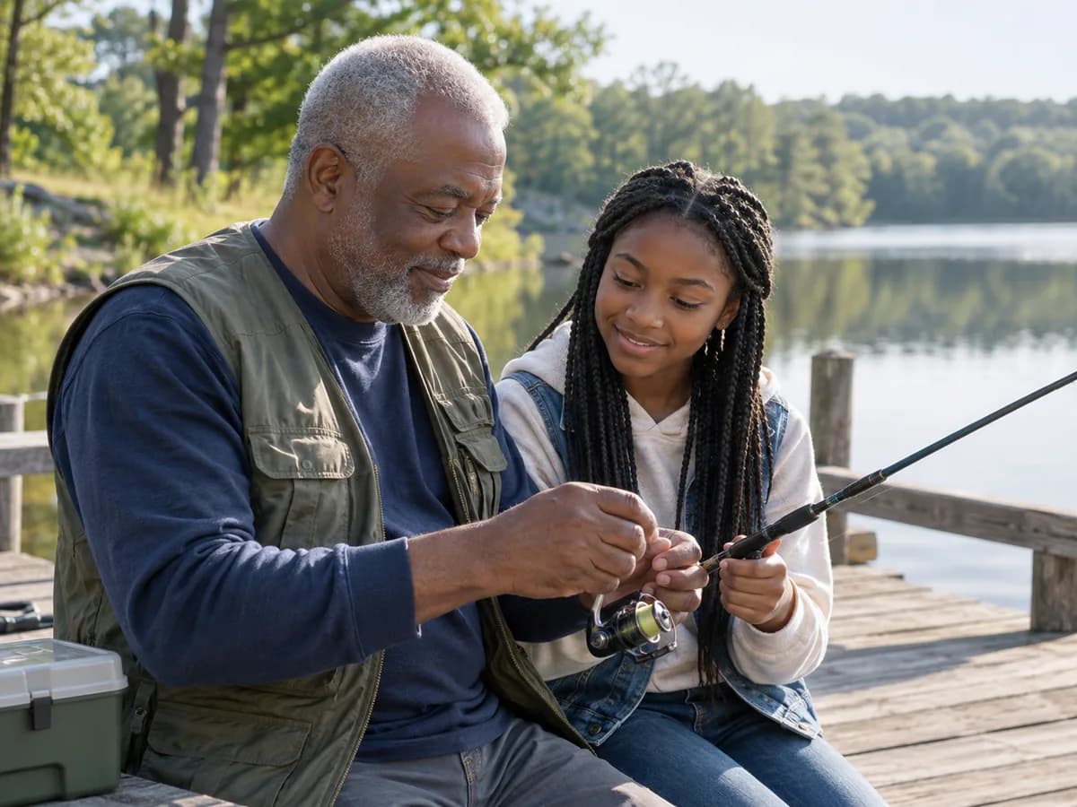 A grandfather teaching his teenage granddaughter to prepare a fishing rod by a lake