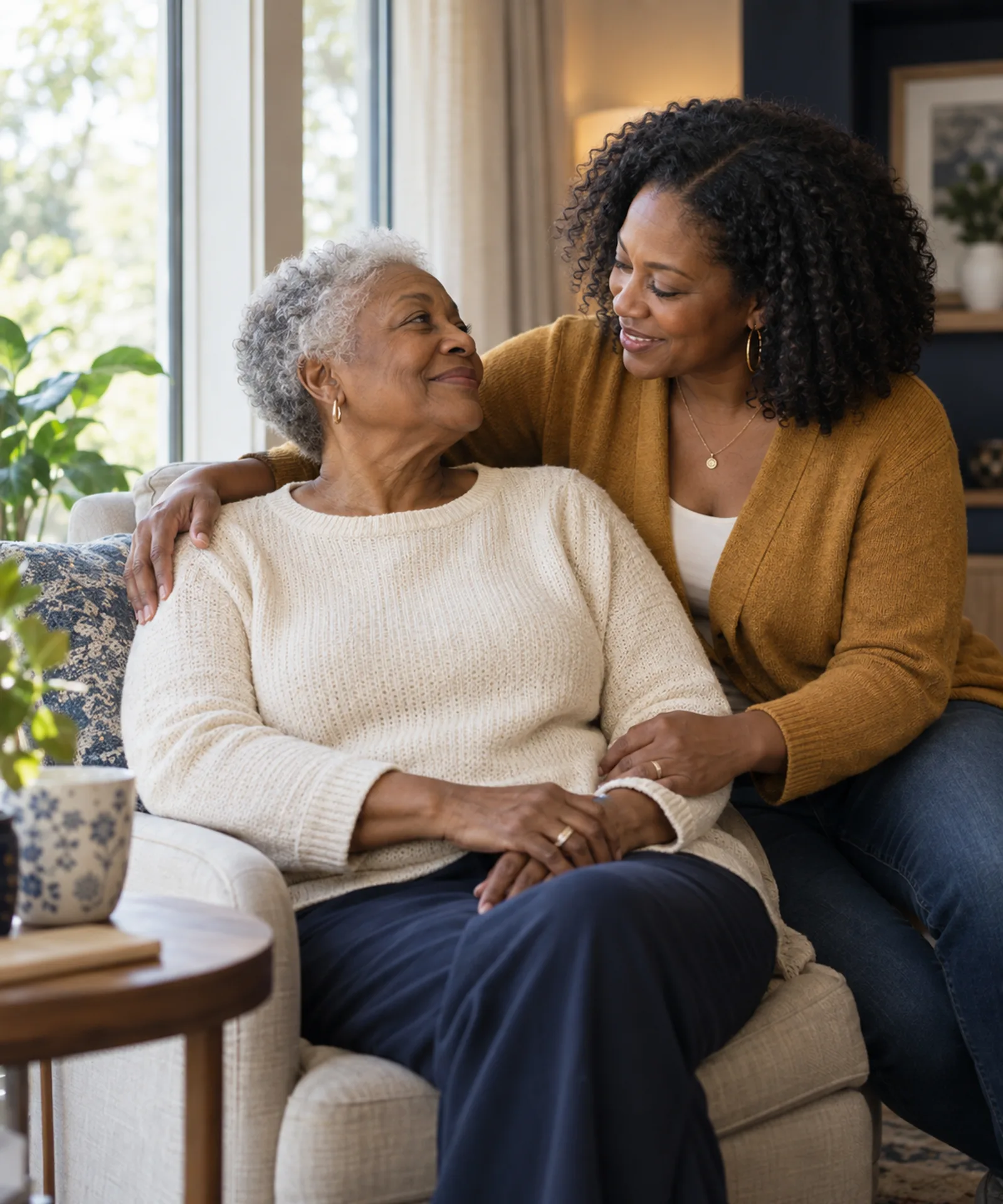 A senior mother and her adult daughter sharing a warm conversation at home