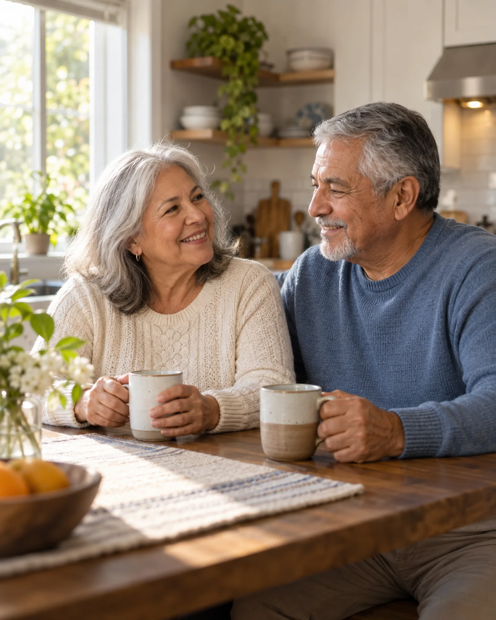 A senior couple sharing coffee and a warm conversation at their kitchen table