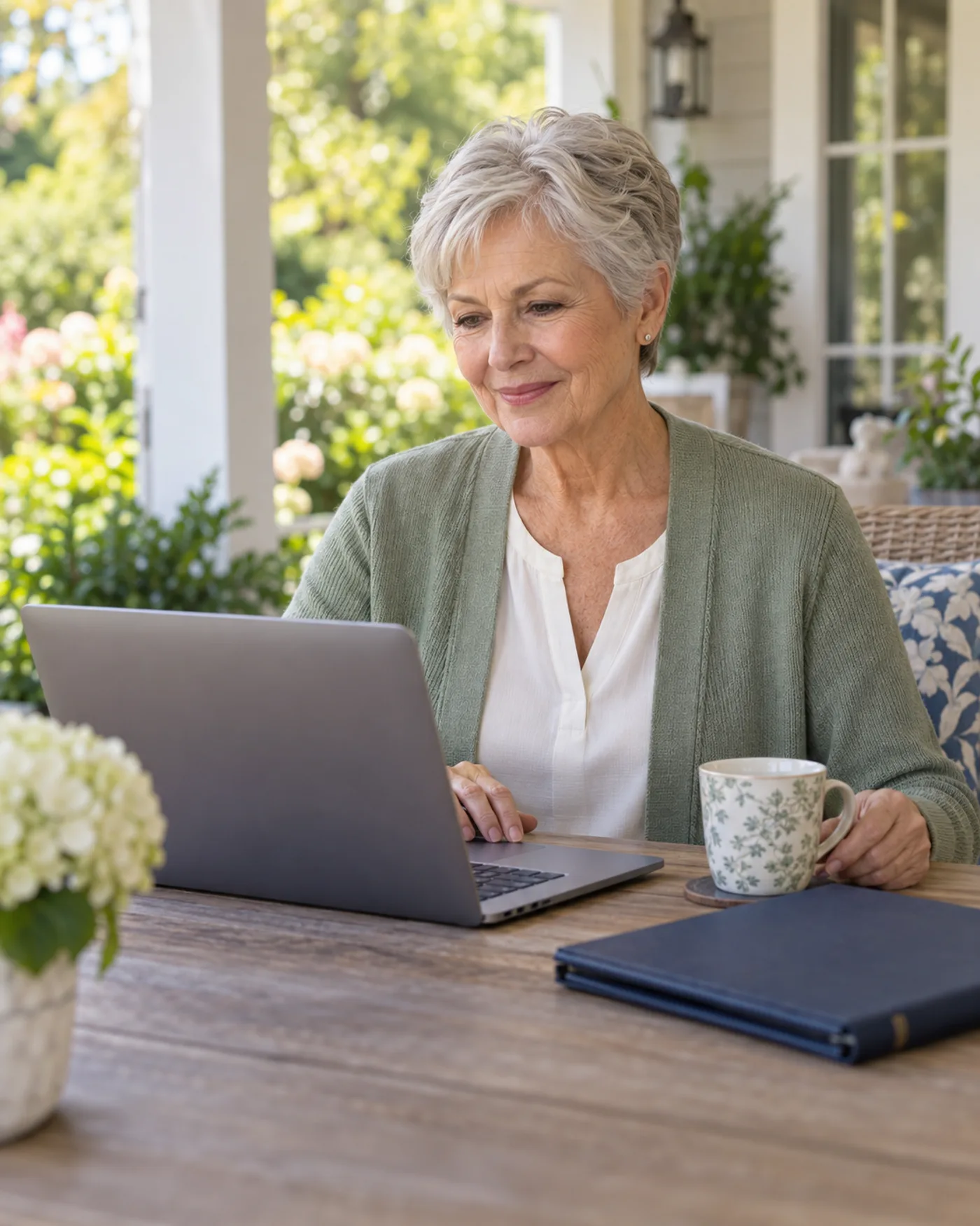 A senior woman reviewing coverage options on her laptop beside a bright garden