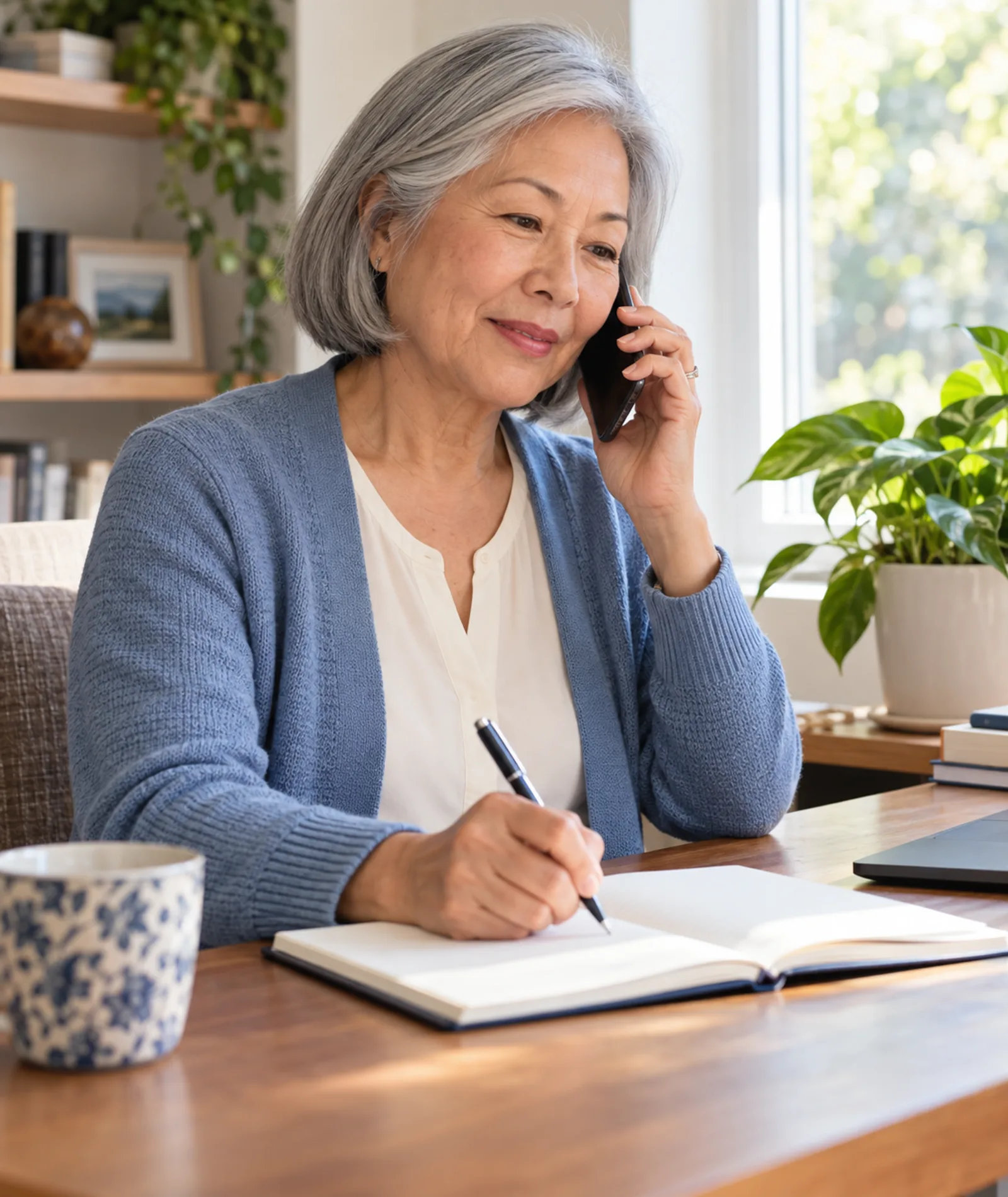 A senior woman speaking on the phone while taking notes at her home desk
