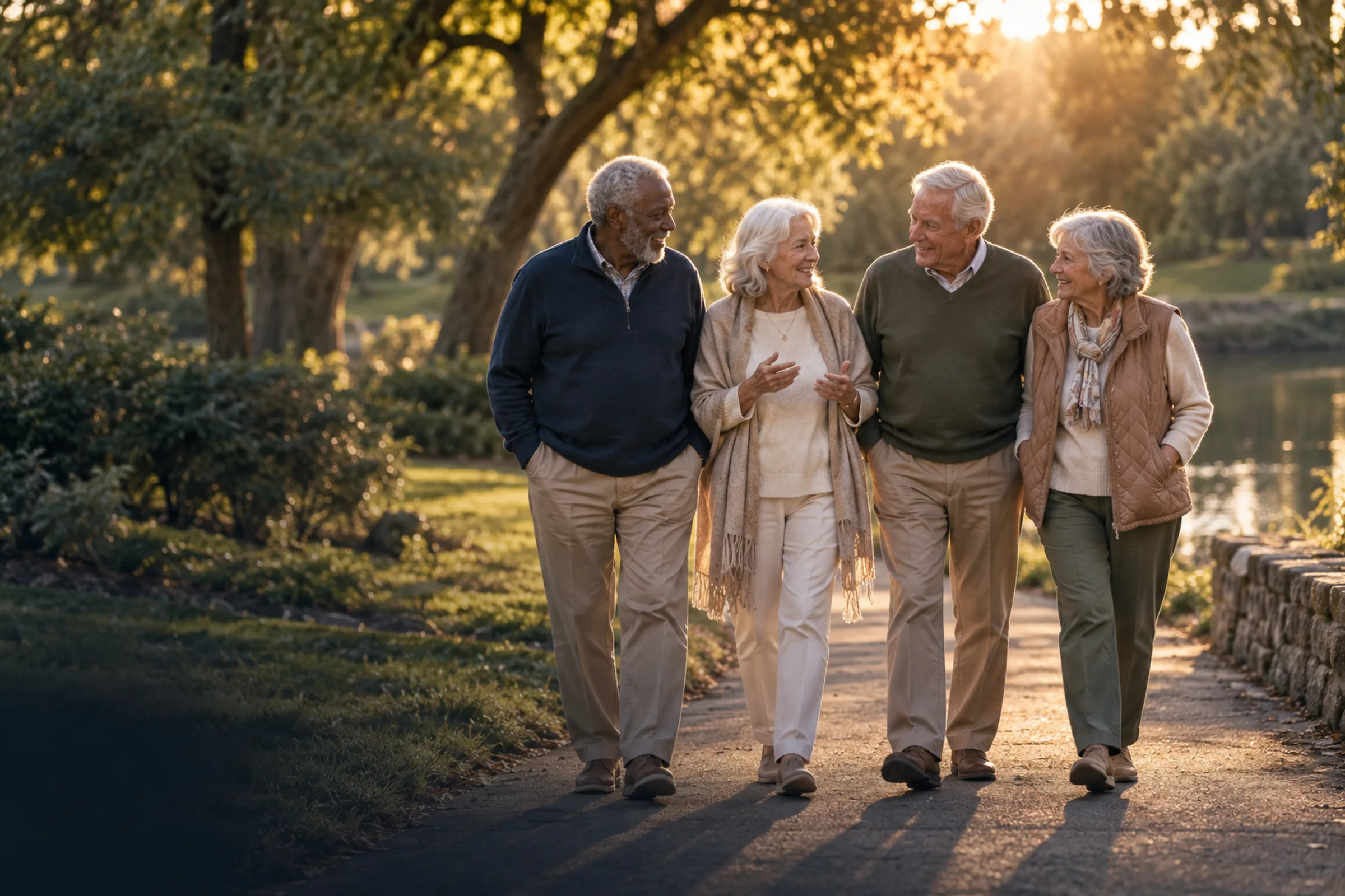 Four older friends walking together through a neighborhood park at golden hour